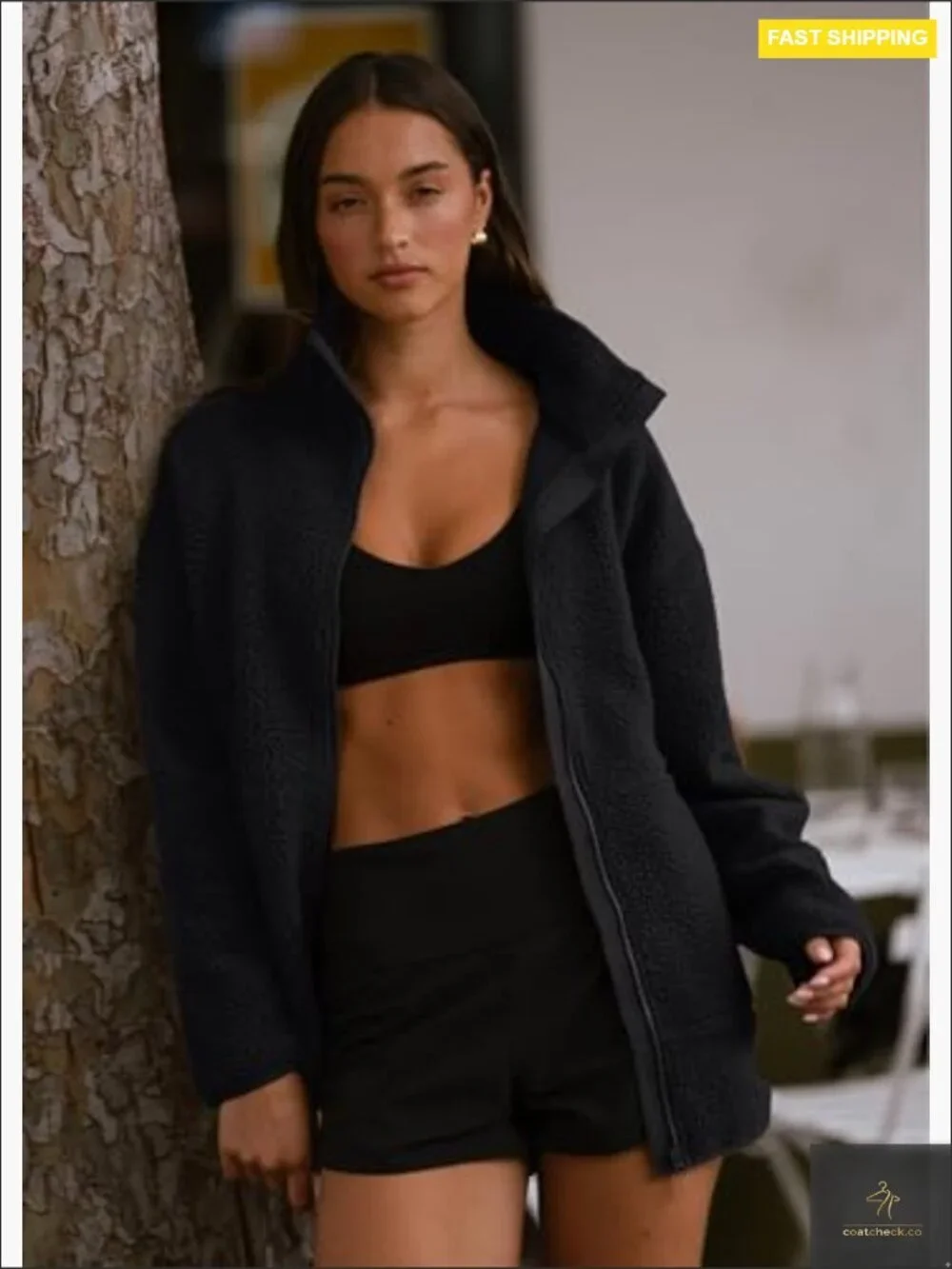 Oversized Sherpa Fleece Jacket Full Zip Stand Collar Y2K Winter Casual